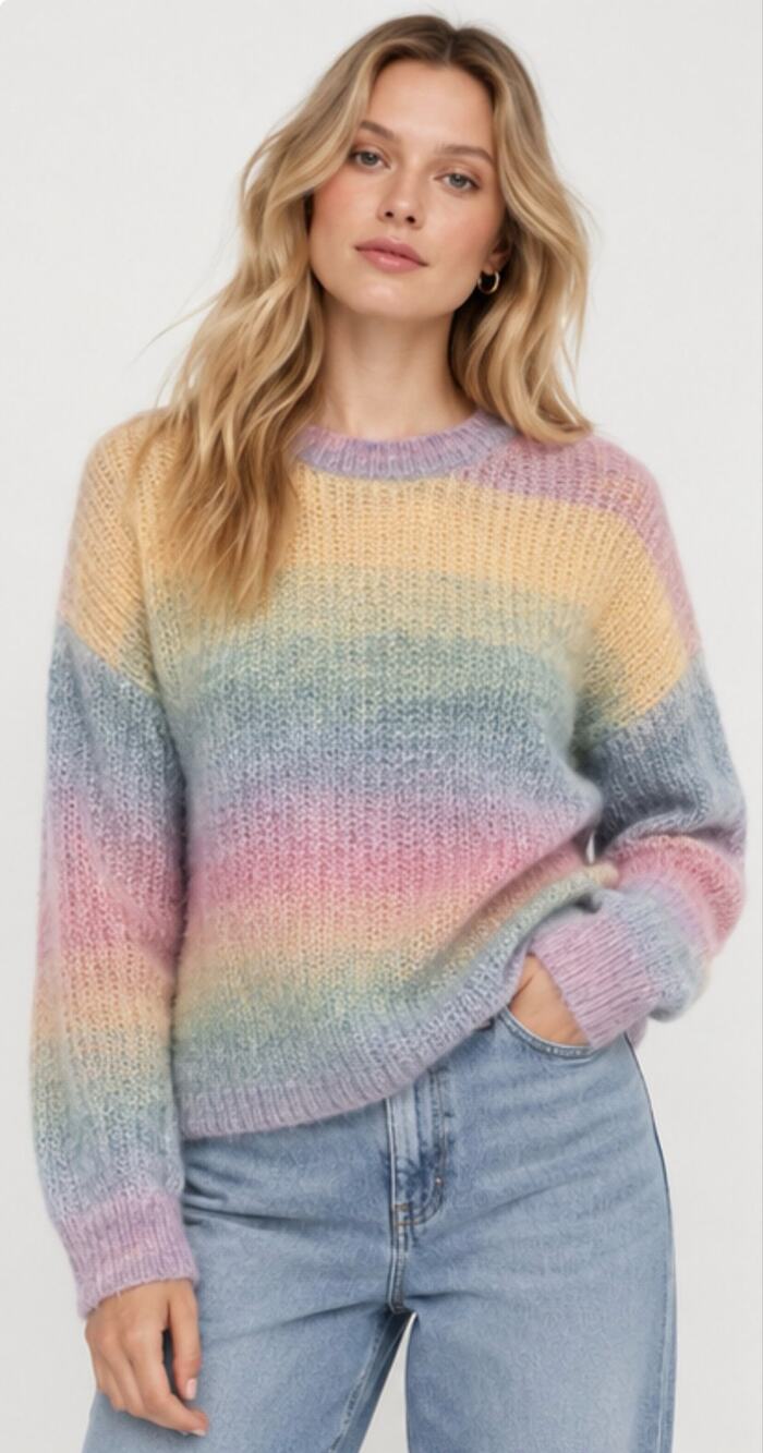 Aritzia Pastel Rainbow Striped Alpaca Wool Blend Fuzzy Sweater Size Medium